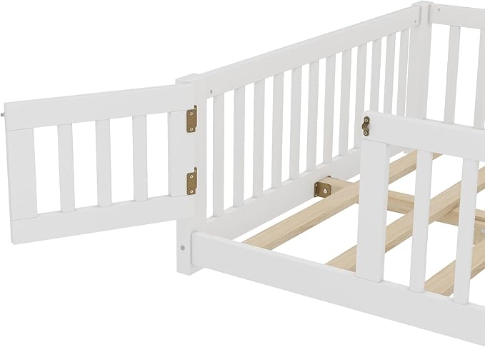 Bellemave Full Size Floor Bed Frame with Fence and Door for Kids, Montessori Floor Bed with Slats and Safety Guardrails,Solid Wood Full Bed Frame for Girls Boys,White