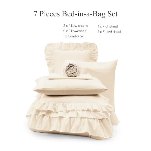 King Comforter Set Whisper White Ruffle 7 Pieces Farmhouse Bed in a Bag
