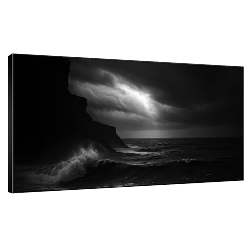30"x60" Extra Large Framed Wall Art Dramatic Black and White Ocean Waves with Cliff and Stormy Sky for Home Living Room Bedroom Decor