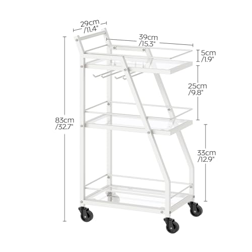 Bar Cart, 3-Tier Home Bar Serving Cart with Wheels, Drink Cart with Glass Holder, Beverage Cart, Rolling Kitchen Cart, for Home, Living Room, Transparent and White BC03WT