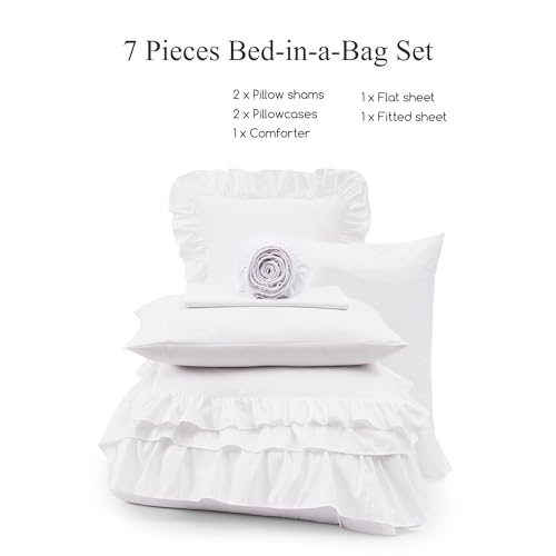 Full Size Comforter Set White Ruffle 7 Pieces Farmhouse Bed in a Bag