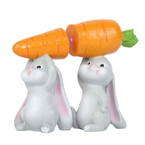 2 Pcs Easter Bunny Figurine Cartoon Cute Bunny Raise Carrots Desk Display Ornament Easter Creative Rabbit Resin Statue for Home and Office Tabletop Decor Supplies (2 Count)