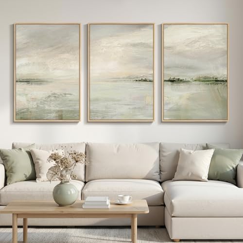 Large Framed Sage Green Abstract Landscape Wall Art for Living Room (3 Count)