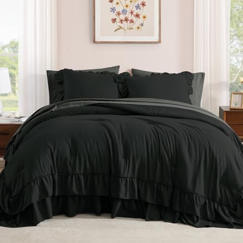 Queen Comforter Set Black Ruffle 7 Pieces Farmhouse Bed in a Bag