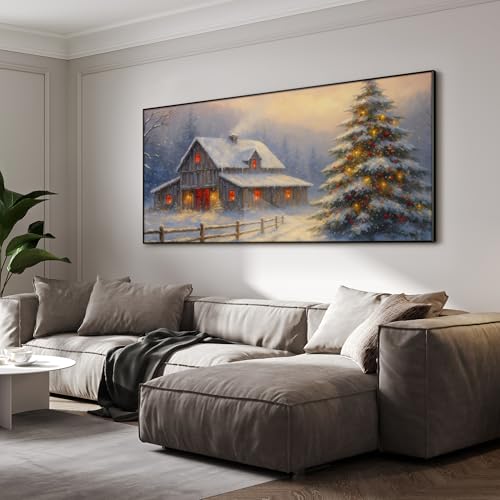 36"x72" Extra Large Framed Wall Art Rustic Winter Cabin with Christmas Tree and Snowy Landscape for Home Living Room Bedroom Decor