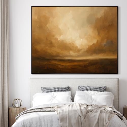 36"x46" Extra Large Framed Wall Art Golden Horizon Abstract Landscape Warm Brown and Amber Sky Illustration for Home Living Room Bedroom Decor