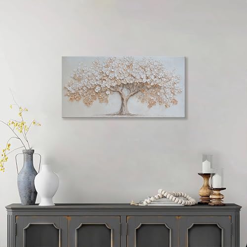 Canvas Wall Art Decor Beige Tree of Life Textured Canvas Art Wall Decor For Living Room Decor Botanical Nature Wall Art Decor Elegant Tree Wall Art Decor For Home Bedroom Office Wall Decor 20×40 Inch