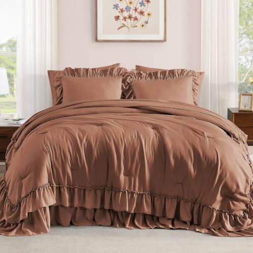 King Size Comforter Set Russet Ruffle 7 Pieces Farmhouse Bed in a Bag
