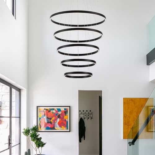Elegant 5-Rings Black Modern LED Chandelier – Fully Dimmable High Ceiling