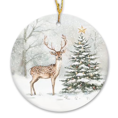 Rustic Winter Reindeer Xmas Tree Ceramic Ornament Gifts