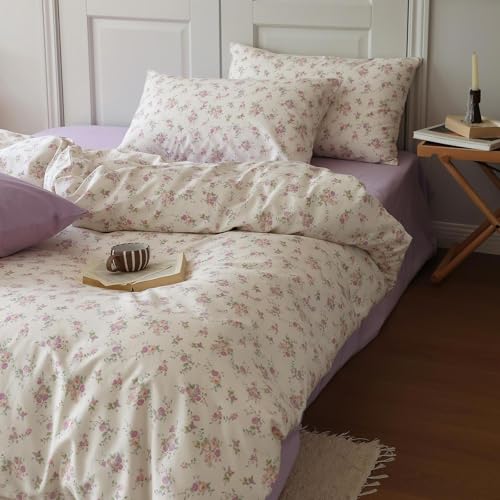 Botanical Floral Comforter Set Twin XL Cute Garden Floral Bedding Comforter with 2 Pillowcases Soft Fluffy Pink Purple Flowers Comforter Vintage Style Botanical Comforter Set for Girls Women (3 Piece Set)