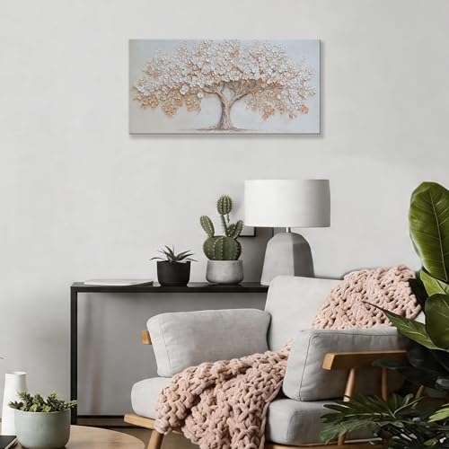 Canvas Wall Art Decor Beige Tree of Life Textured Canvas Art Wall Decor For Living Room Decor Botanical Nature Wall Art Decor Elegant Tree Wall Art Decor For Home Bedroom Office Wall Decor 20×40 Inch