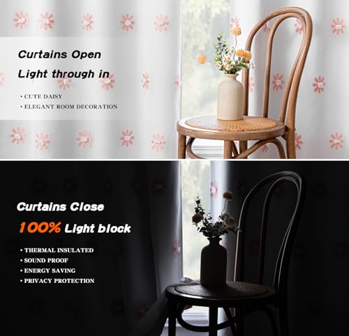 Pink Floral Blackout Curtains for Nursery Thermal Insulated Flower Sheer Curtain 72 Inch Long for Girls Bedroom Double Layered Window Drapes for Dining Room Grommet (2 Count)
