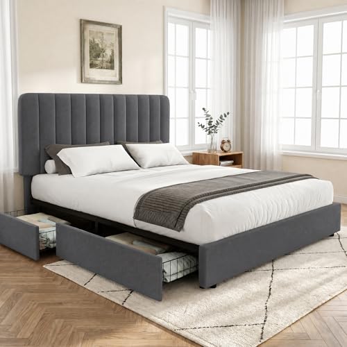 Queen Size Upholstered Bed Frame with 4 Drawers and Headboard