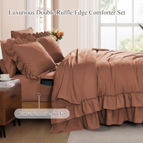Queen Comforter Set Russet Ruffle 7 Pieces Farmhouse Bed in a Bag