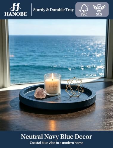Navy Blue Round Decorative Trays for Coastal Coffee Table Decor