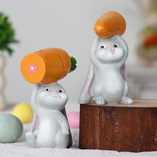2 Pcs Easter Bunny Figurine Cartoon Cute Bunny Raise Carrots Desk Display Ornament Easter Creative Rabbit Resin Statue for Home and Office Tabletop Decor Supplies (2 Count)