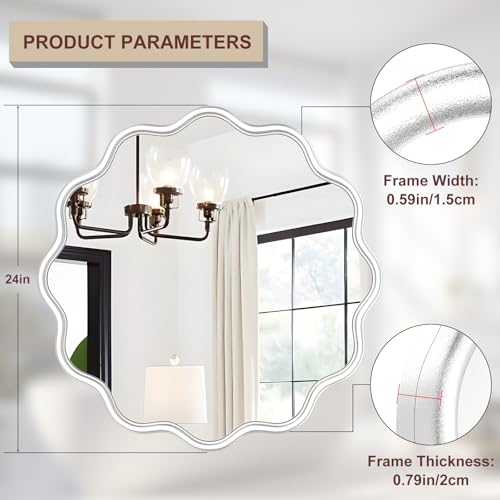 White Round Mirror 24 Inch Wavy Bathroom Vanity Mirror White Frame Modern Wall Mirror Decorative Wall