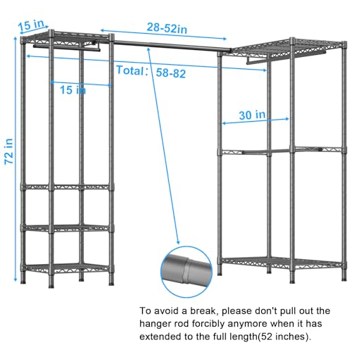 E10L L Shaped Clothes Rack for Corner（With Expandable Hanger Rod）Heavy Duty Freestanding Clothing Racks for Hanging Clothes