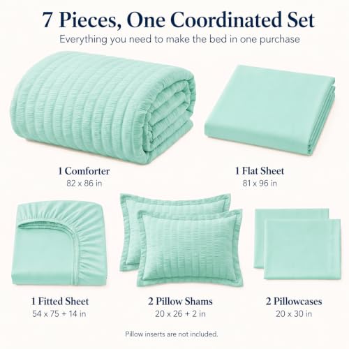 Full Size Comforter Set 7 Pieces Mint Green Seersucker Bed in a Bag