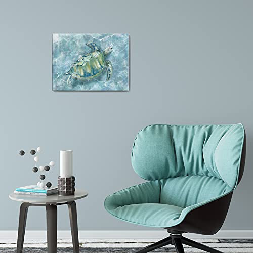 Bathroom Wall Decor Canvas Wall Art for Bedroom Sea Turtle Pictures Blue Coastal Room Decorations Artwork Green Turtle Wall Decorations 16” x 24”