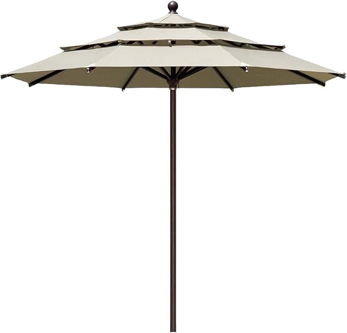EliteShade USA 10-Year-Non-Fading 11Ft 3 Tiers Patio Market Umbrella Outdoor Cylinder Auto Push-up Table Umbrella with Ventilation, Antique Beige