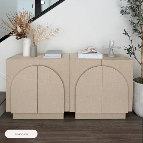 Iris Mid Century Modern Arched Curio Cabinet with Beige Linen Finish
