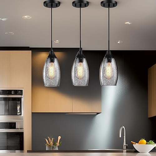 Mini Glass Pendant Light, 4.72" Black Glass Hanging Light 3-Pack Handblown