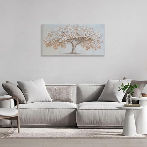Canvas Wall Art Decor Beige Tree of Life Textured Canvas Art Wall Decor For Living Room Decor Botanical Nature Wall Art Decor Elegant Tree Wall Art Decor For Home Bedroom Office Wall Decor 20×40 Inch