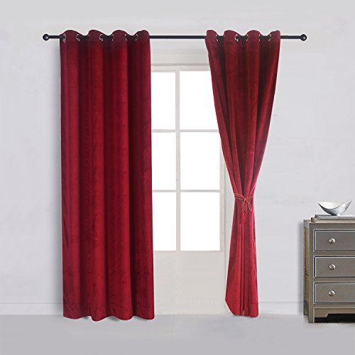 Set of 2 Velvet Flannel Room Darkening Blackout Curtains Panels Drapes Grommet 52 Wide by 108 Long Red for Living Room (2 Count)
