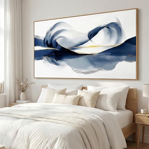 20x40 Inch Framed Abstract Blue Gold Mountain Canvas Wall Art Horizontal Navy Reflection Ink Landscape Wall Painting Modern Minimalist Textured Wall Decor for Living Room Bedroom