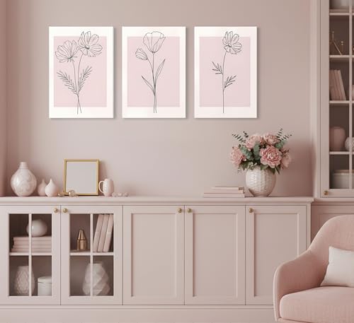 3 Pcs Minimalism Pink Floral Botanical Canvas Wall Art 12X16in (3 Count)