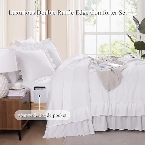 King Size Comforter Set White Ruffle 7 Pieces Farmhouse Bed in a Bag