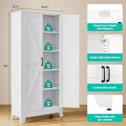 Wide & Deep Pantry Storage Cabinet with 2 Doors and 5 Shelves