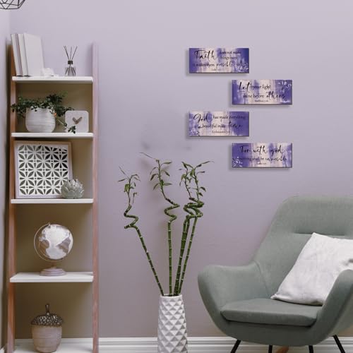 4 Pieces Purple Bathroom Decor Bible Verses Wooden Wall Decor Abstract Office Christian Religious Art for Women Office Home Bedroom Living Room Decoration (4 Count)