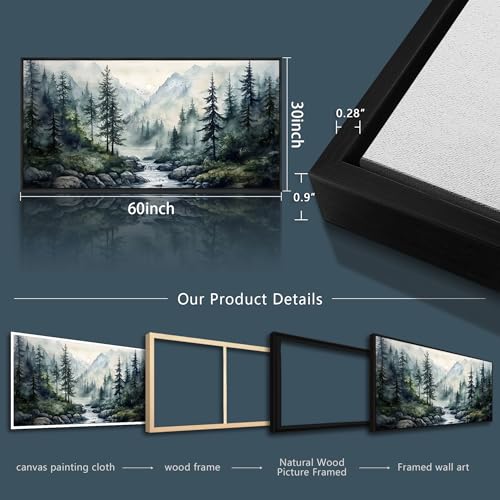 Black Framed Canvas Wall Art For Living Room Large Wall Decor For Office Bedroom Decoration Misty Forest Picture Tree landscape Paintings Artwork Wall Mural Aesthetic Home Decor 30x60 In