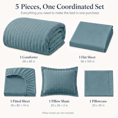 Twin XL Comforter Set 5 Pieces Mineral Blue Seersucker Bed in a Bag