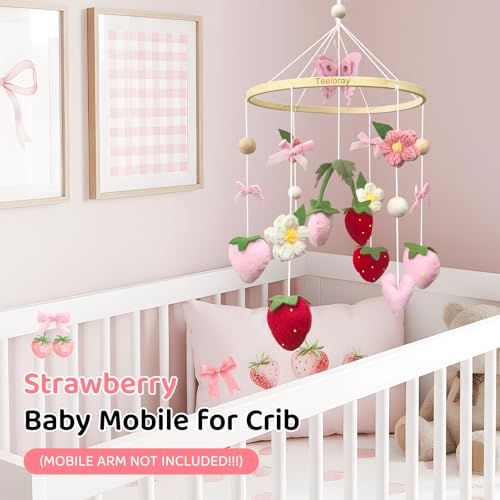 Strawberry Baby Crib Mobile for Girls Pink Bow Nursery Decor