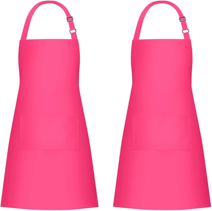 Jubatus 2 Pack 100% Cotton Aprons with 2 Pockets Cooking Chef Kitchen Adjustable Bib Apron for Women Men, Hot Pink