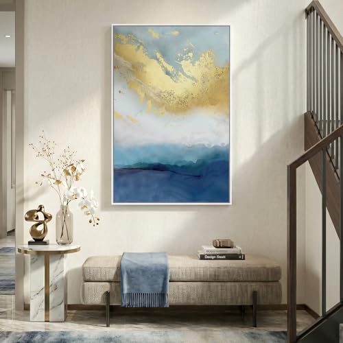 Large Framed Blue Gold Abstract Wall Art