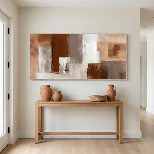 Large Abstract Wall Art 24x48 Inch Brown White Gray Framed Canvas Print Painting Modern Neutral Tone Artwork for Living Room Sofa Bedroom Waterproof & Fade Resistant Wood Frame Decor Ready to Hang