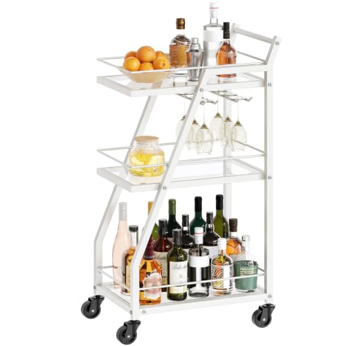 Bar Cart, 3-Tier Home Bar Serving Cart with Wheels, Drink Cart with Glass Holder, Beverage Cart, Rolling Kitchen Cart, for Home, Living Room, Transparent and White BC03WT