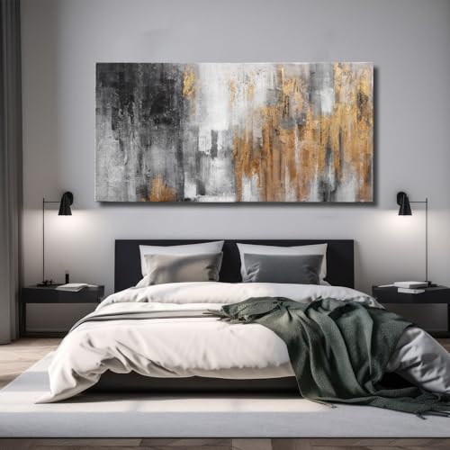 Abstract Canvas Wall Art with Gold Foil Modern Black Oil Paintings Graffiti Wall Art for Living Room Bedroom Kitchen Office Wall Decorations 30" x 60"