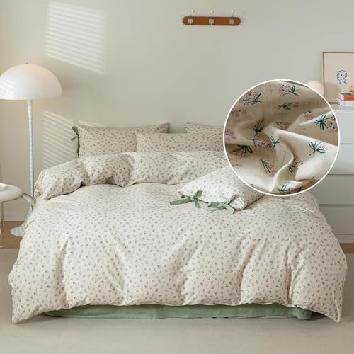Green Floral Comforter Set Queen Vintage Coquette Bedding Comforter for Girl Women Floral Botanical Comforter with 2 Bow Ties Pillowcases Cottagecore Bedding Flowers Comforter Set Queen Size