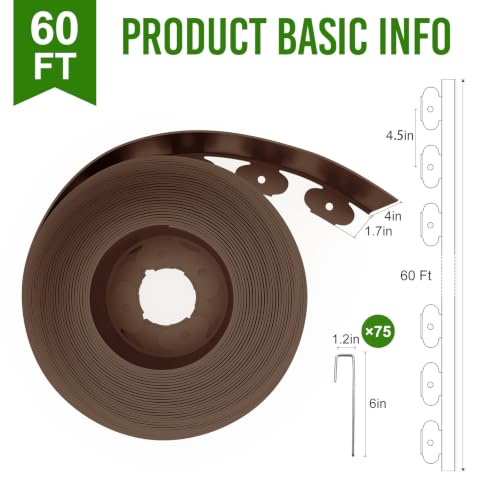 Landscape Edging 4 Inch Tall 60FT with 75Pcs Metal Spikes