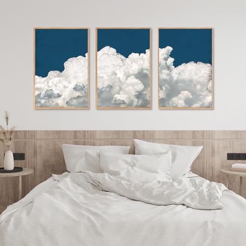 Large White Clouds Framed Canvas Wall Art Set Abstract Navy Blue Sky Natural Wall Decor Minimalist Modern Painting Artwork for Livingroom