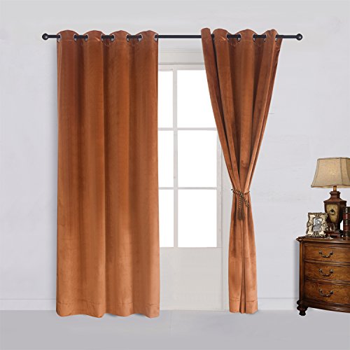 Super Soft Rustic Velvet Pumpkin Orange Blackout Drapes Room Darkening Curtains Panel Grommet Drapery 52 by 120