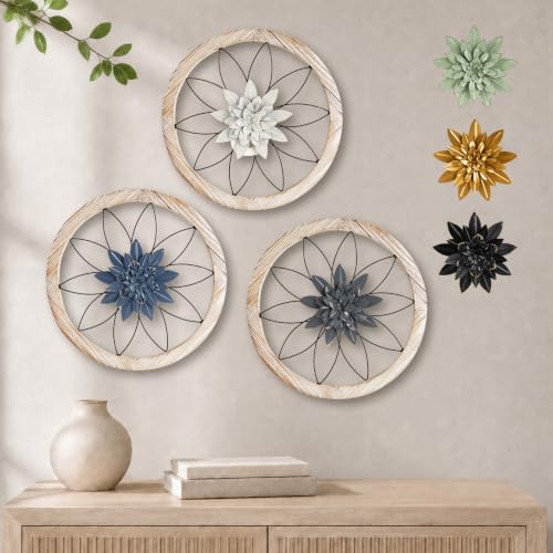 3 Piece Round Farmhouse Wall Decor with 6 Piece Interchangeable Flowers 15.75'' Medallion Wood & Metal Rustic Wall Art for Living Room Bedroom Kitchen Bathroom Dining Room Home Decorations