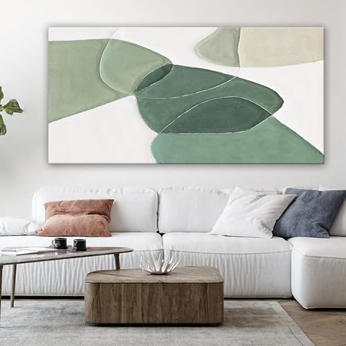 Modern Wall Art Large Green And White Geometric Color Block Line Wall Painting Artwork Canvas Simple Picture Textured Artwork For Living Room Bedroom Office Home Decor 29"X 58"