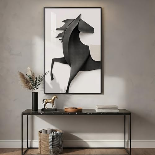 Large Framed Modern Black and White Horse Wall Art